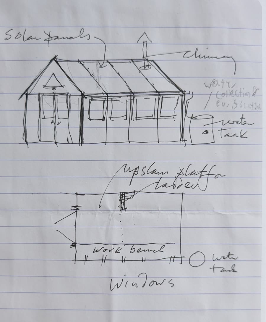 Notebook sketch of the house: perspective drawing and floor plan, with solar panels, chimney, and water tank